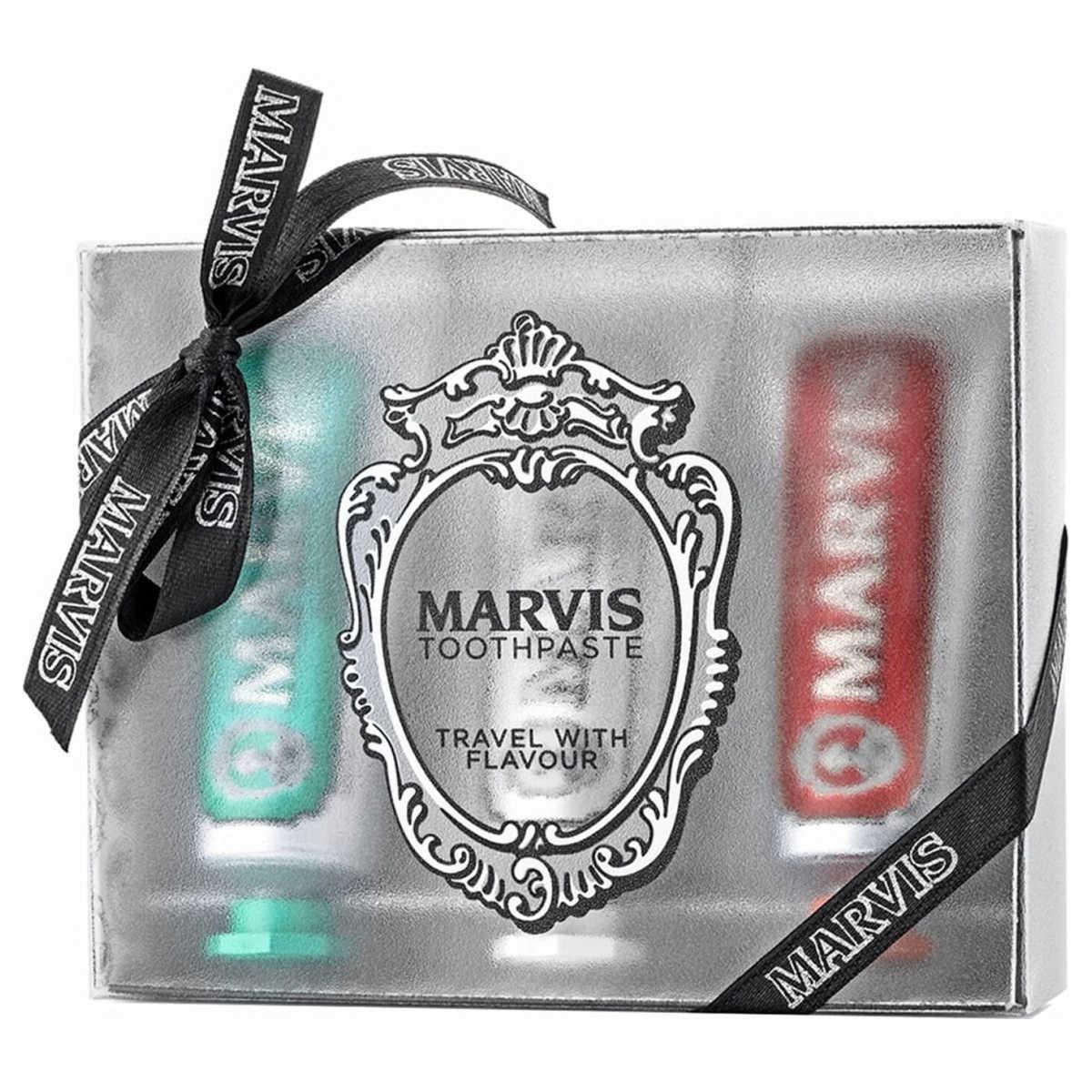 Подарунковий набір MARVIS Toothpaste Travel Flavour Collection з 3 видами різних паст (Класична, Відбілювальна, Кориця), 3x25 мл